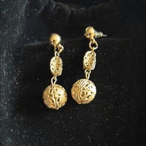 Intricate Gold Drop Earrings with Filigree Detailing